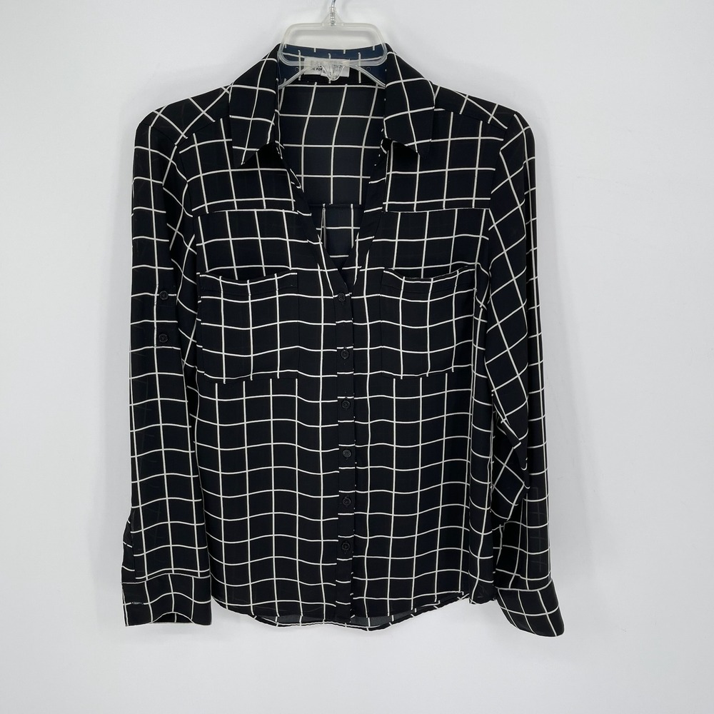 Express Women's Black Grid Print Portofino Button Down Shirt‎ Size S